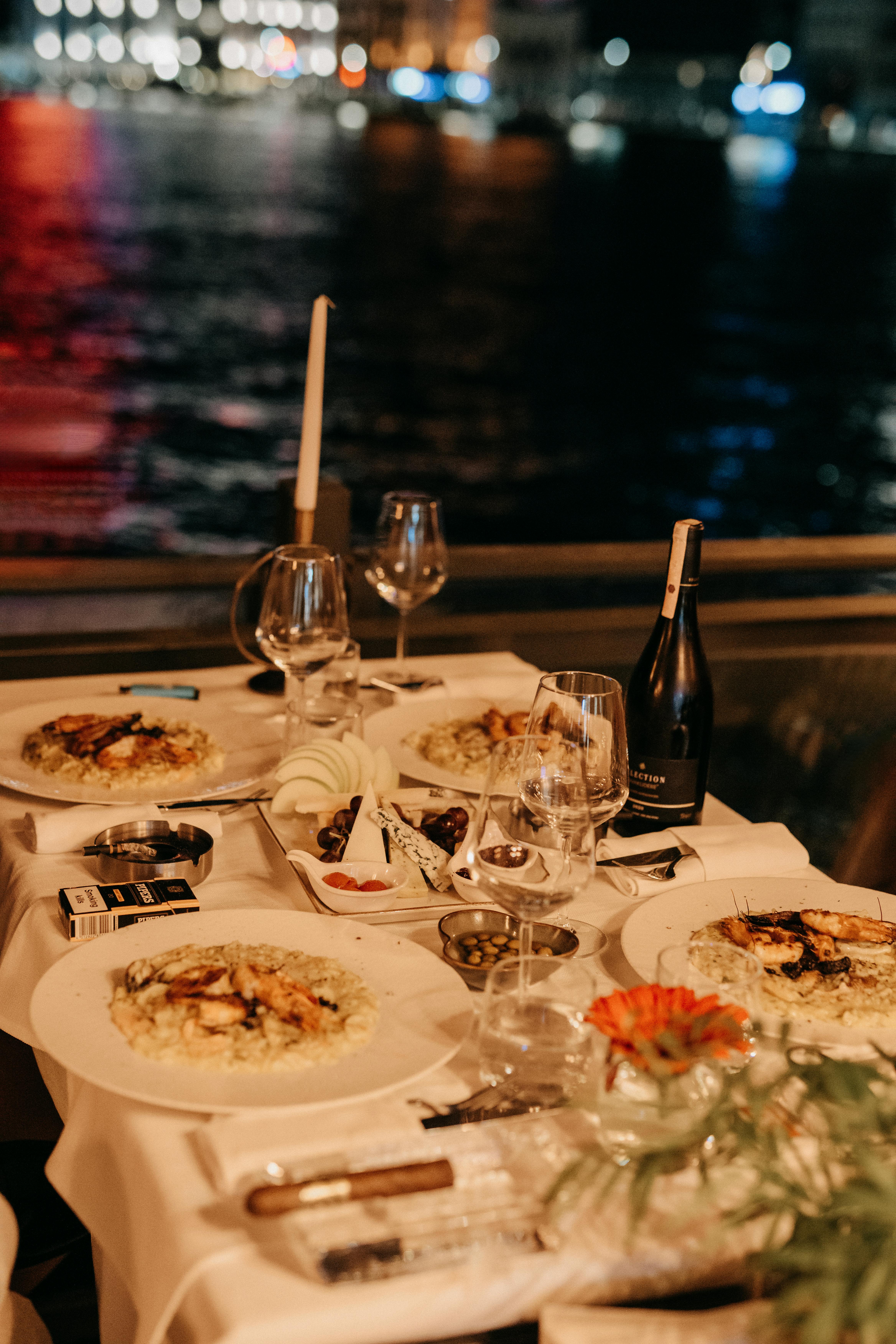 Harborfront dinner at dusk